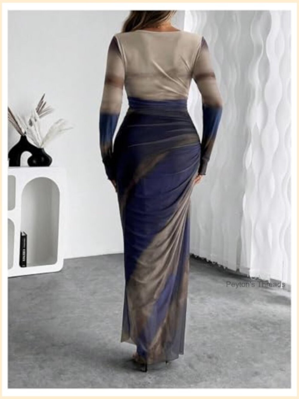 Long Sleeve Maxi Bodycon Dress Tie Dye Ruched Mesh Layer Prom Formal Wedding - Picture 2 of 7